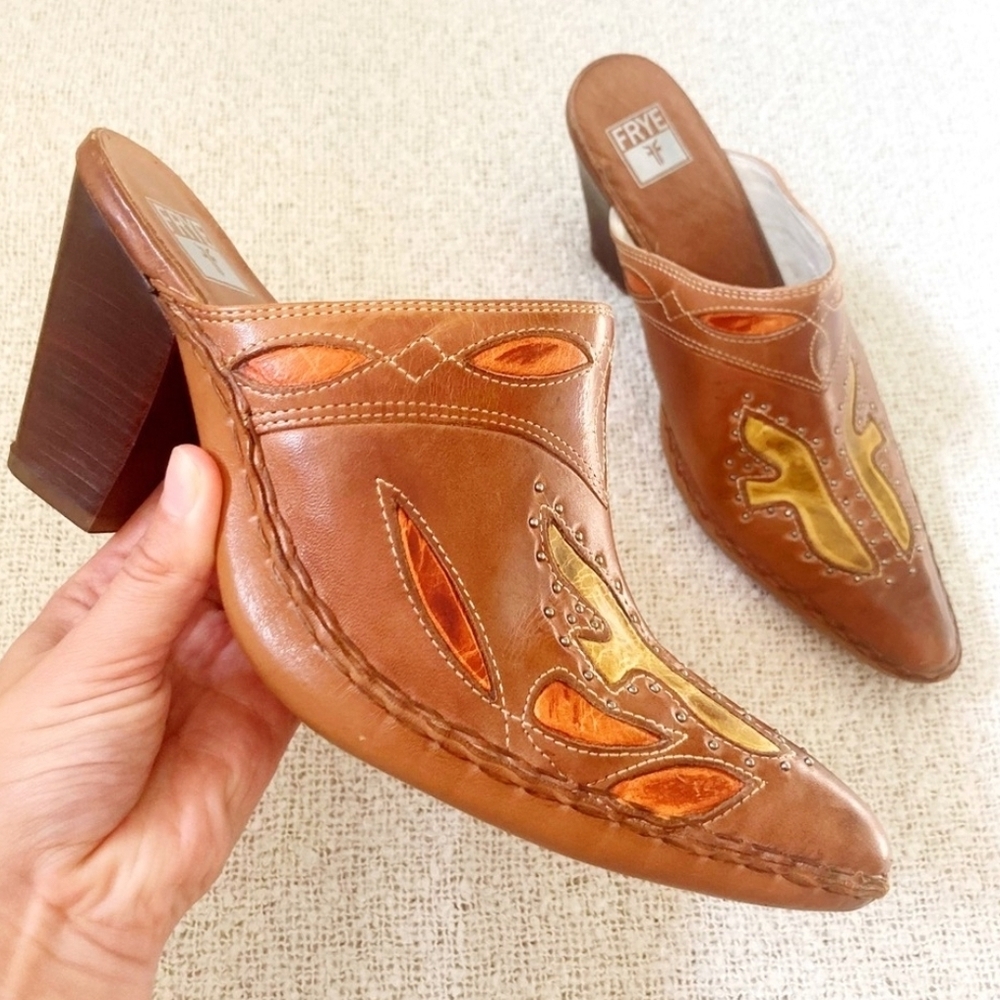 Frye Brown Leather Embellished Mules with Yellow & Orange Inset